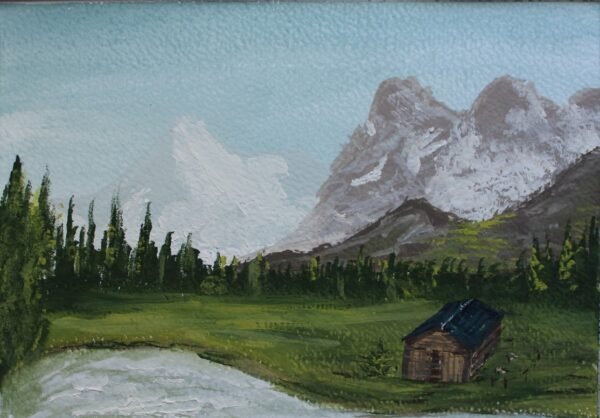 Schilderij - Berghut van stilte
